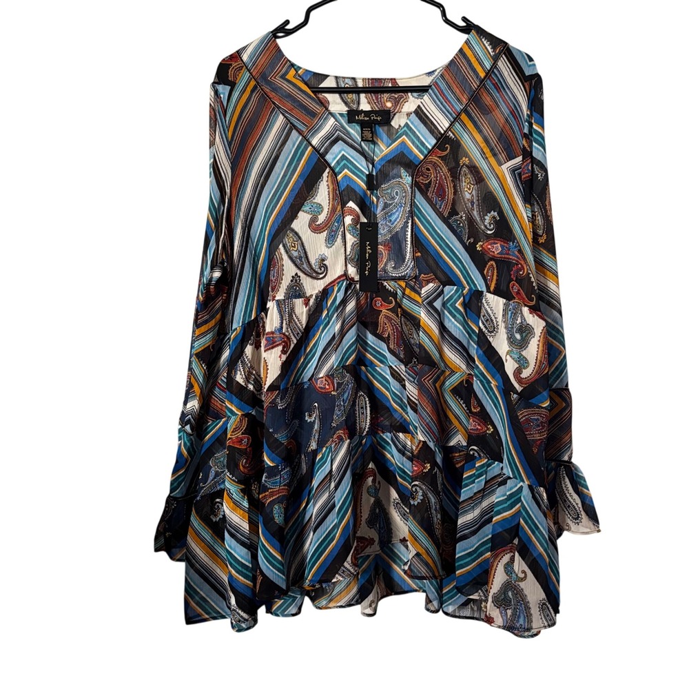 Melissa Paige Women's Blouse Medium NWT Sheer Vibrant‎ Paisley Long Sleeve